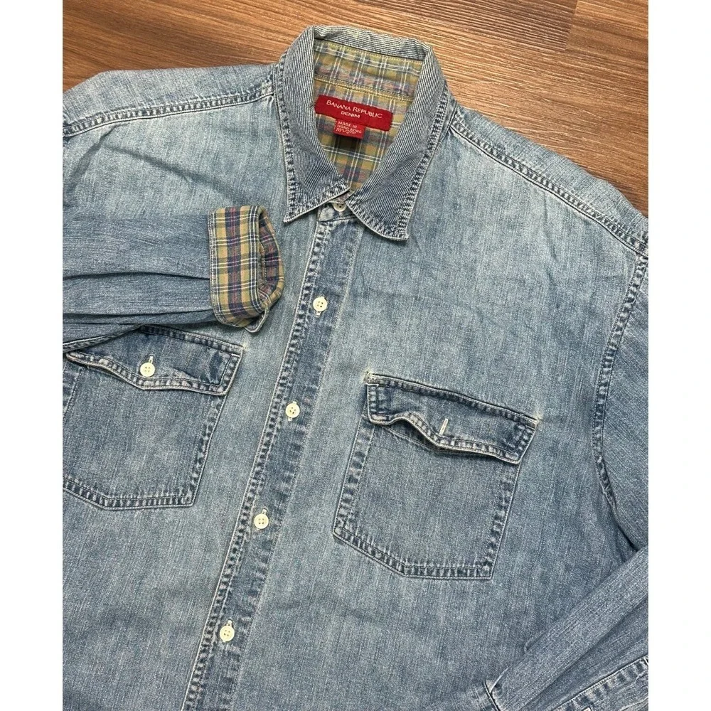 Vintage Banana Republic Distressed Denim Plaid Cuff Button Up Shirt Men Sz L